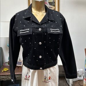 Vintage 1990’s Black Denim Jacket with Rhinestones by David David - size Small